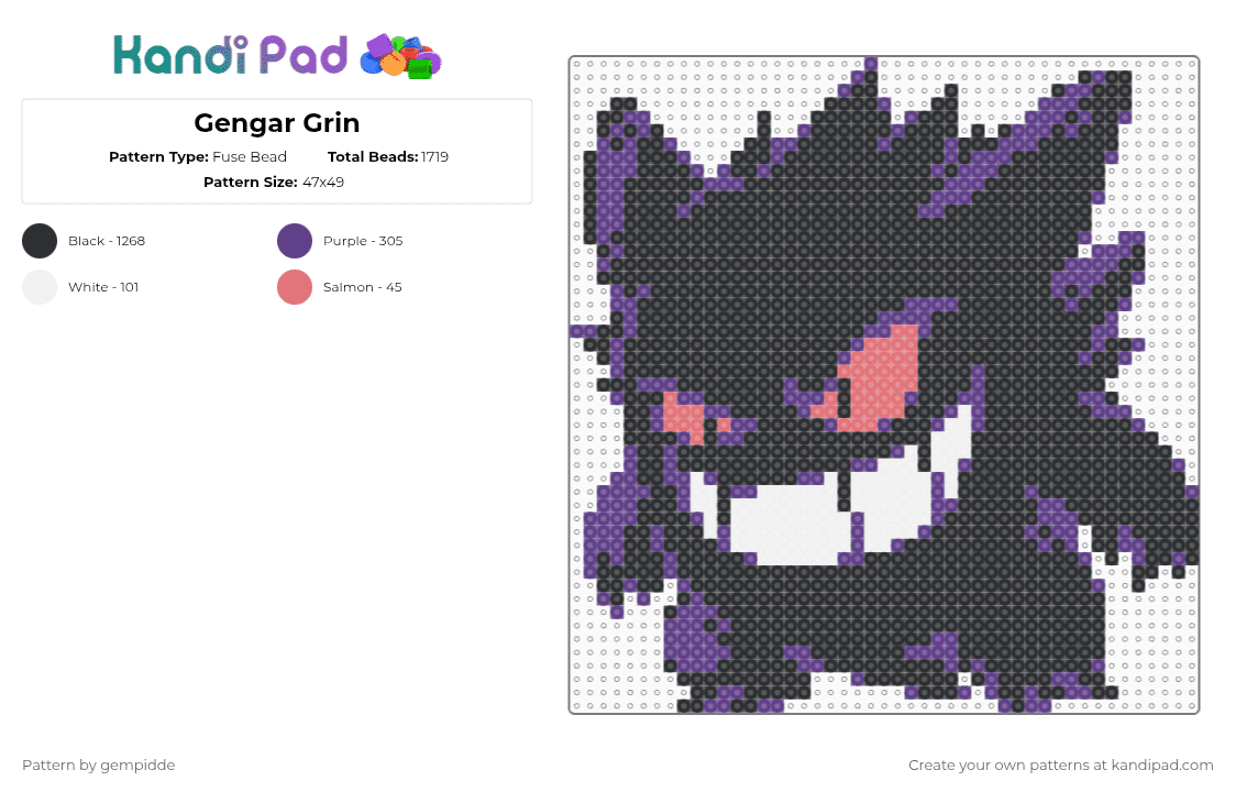 Gengar Grin - Fuse Bead Pattern by gempidde on Kandi Pad - black,purple,gastly,haunter,pokemon,gaming,character,ghost,poison,gengar