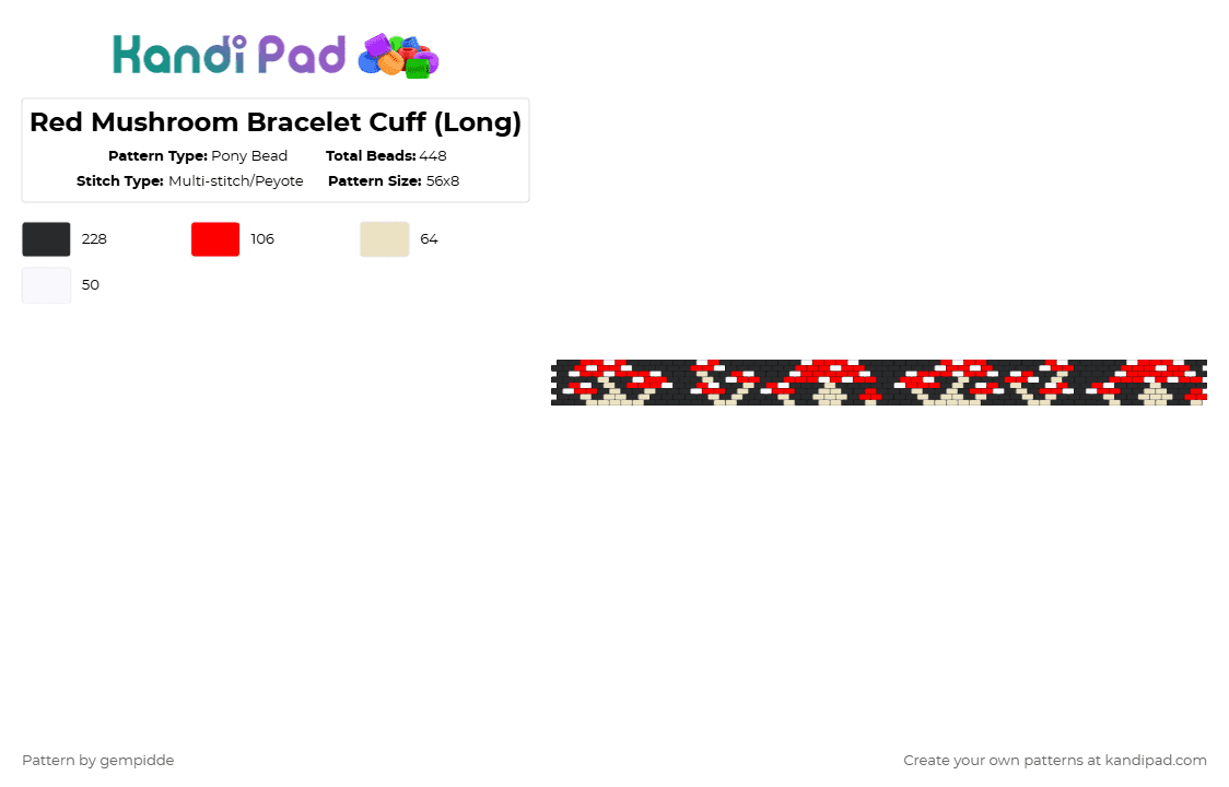 Red Mushroom Bracelet Cuff (Long) - Pony Bead Pattern by gempidde on Kandi Pad - red,beige,nature,shroom,drug,plant,earth,cuff,bracelet,food