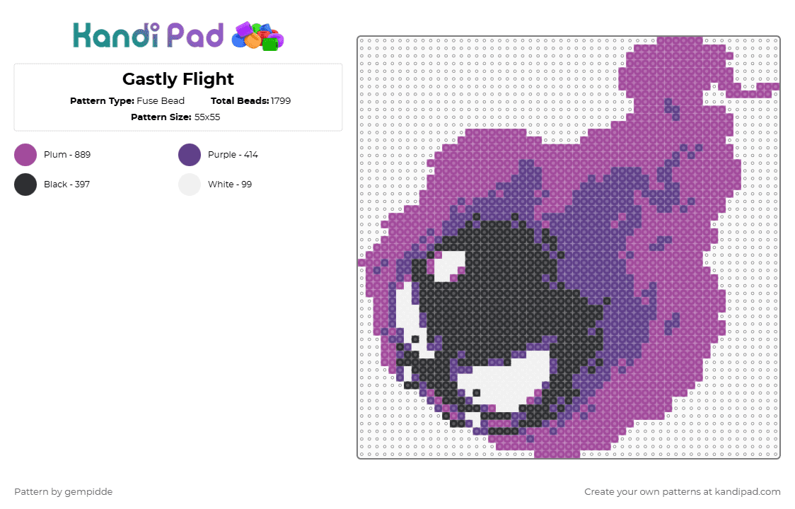 Gastly Flight - Fuse Bead Pattern by gempidde on Kandi Pad - purple,pink,ghost,poison,gengar,haunter,pokemon,character,gaming