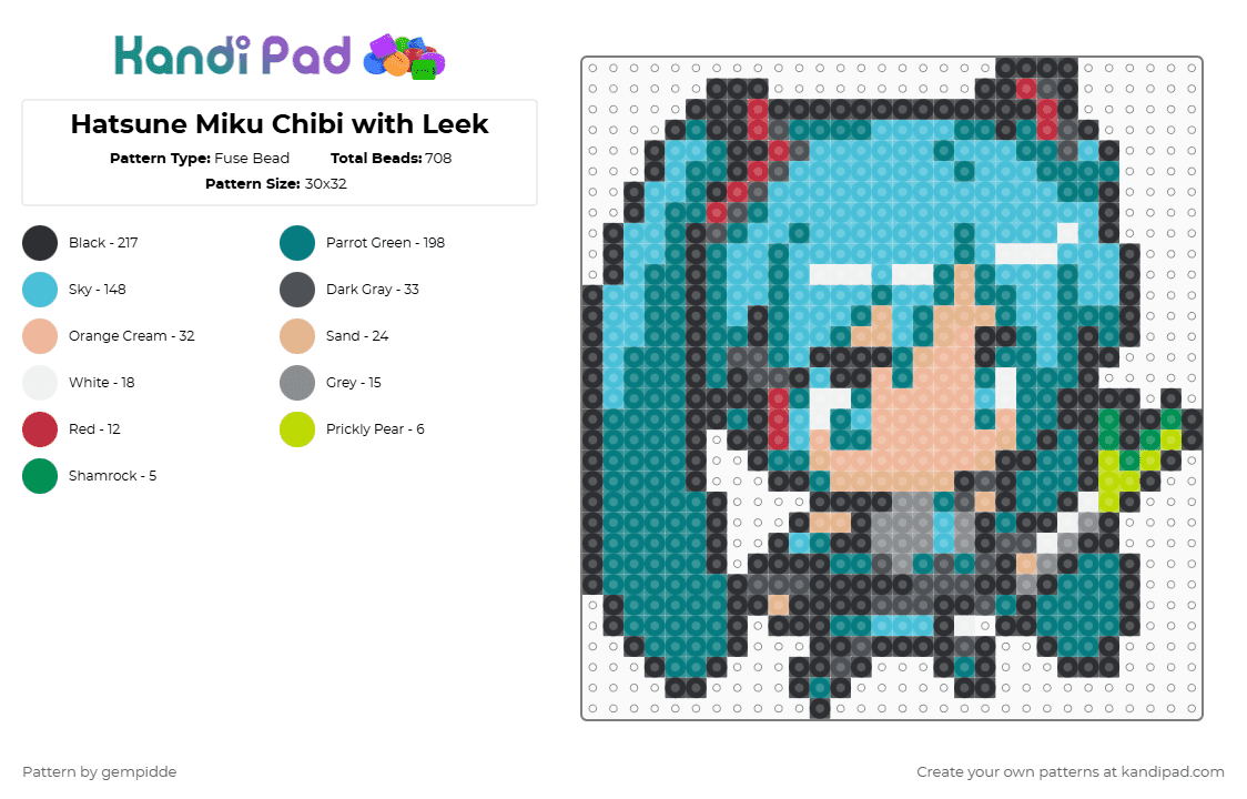 Hatsune Miku Chibi with Leek - Fuse Bead Pattern by gempidde on Kandi Pad - teal,light blue,anime,egirl,manga,kawaii,waifu