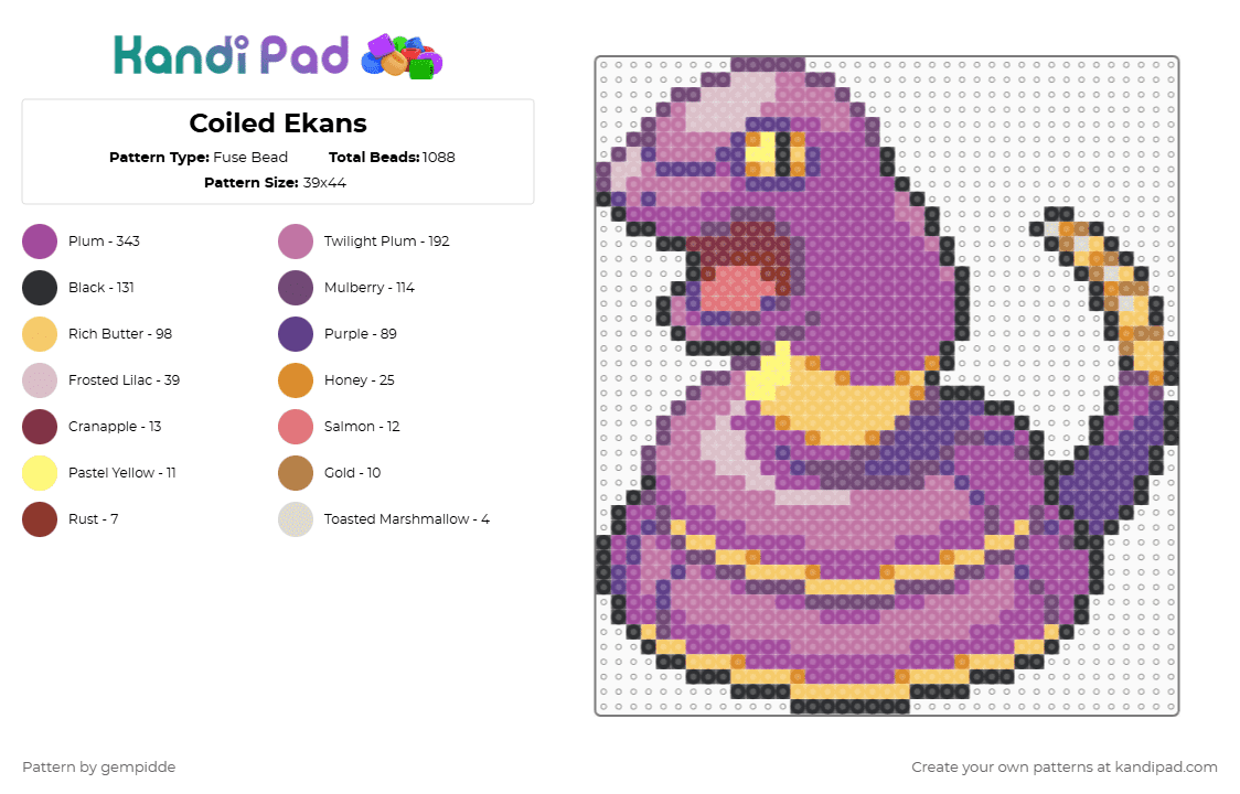 Coiled Ekans - Fuse Bead Pattern by gempidde on Kandi Pad - yellow,pink,snake,pokemon,arbok,reptile