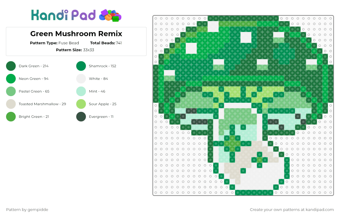 Green Mushroom Remix - Fuse Bead Pattern by gempidde on Kandi Pad - green,drug,shroom,nature,plant