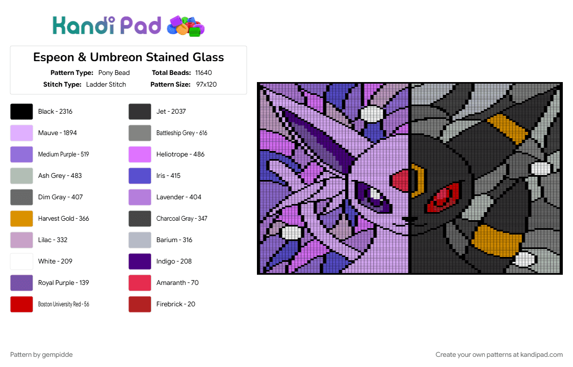 Espeon & Umbreon Stained Glass Mosaic - Pony Bead Pattern by gempidde on Kandi Pad - anime, character, eevee, eeveelution, gaming, gray, nintendo, pink, pokemon, purple, video game