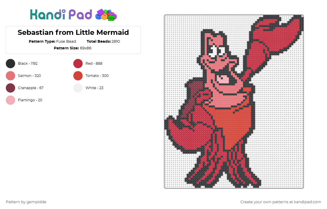 Sebastian from Little Mermaid - Fuse Bead Pattern by gempidde on Kandi Pad - red,cotdlobsters,disney,mermaid,sea,ocean,crab,crustacean,aquatic