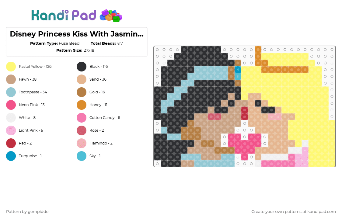 Disney Princess Kiss With Jasmine and Aurora in Pink - Fuse Bead Pattern by gempidde on Kandi Pad - beige,yellow,gay,disney,pride,lesbian,love,aladdin,sleeping beauty