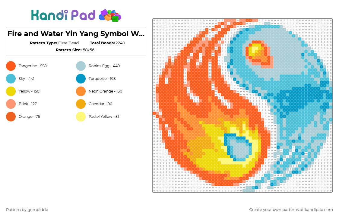 Fire and Water Yin Yang Symbol With Centers - Fuse Bead Pattern by gempidde on Kandi Pad - orange,light blue,cotdcontrast,asian,peace,nature,blanace,element,magic,natural