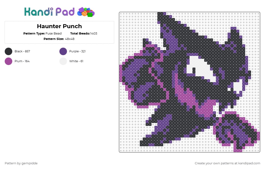 Haunter Punch - Fuse Bead Pattern by gempidde on Kandi Pad - black,pink,purple,gastly,haunter,gengar,pokemon,gaming,character,ghost,poison