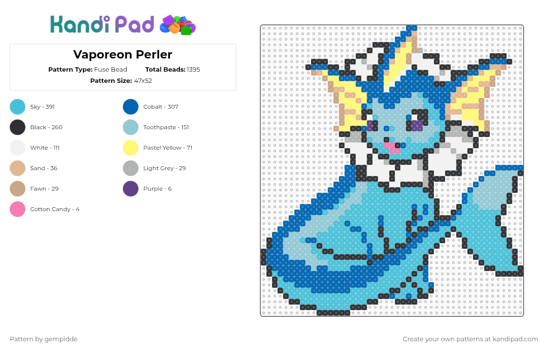 Vaporeon Perler - Fuse Bead Pattern by gempidde on Kandi Pad - blue,light blue,eevee,pokemon,character,eeveelution,evolution,water,aqua