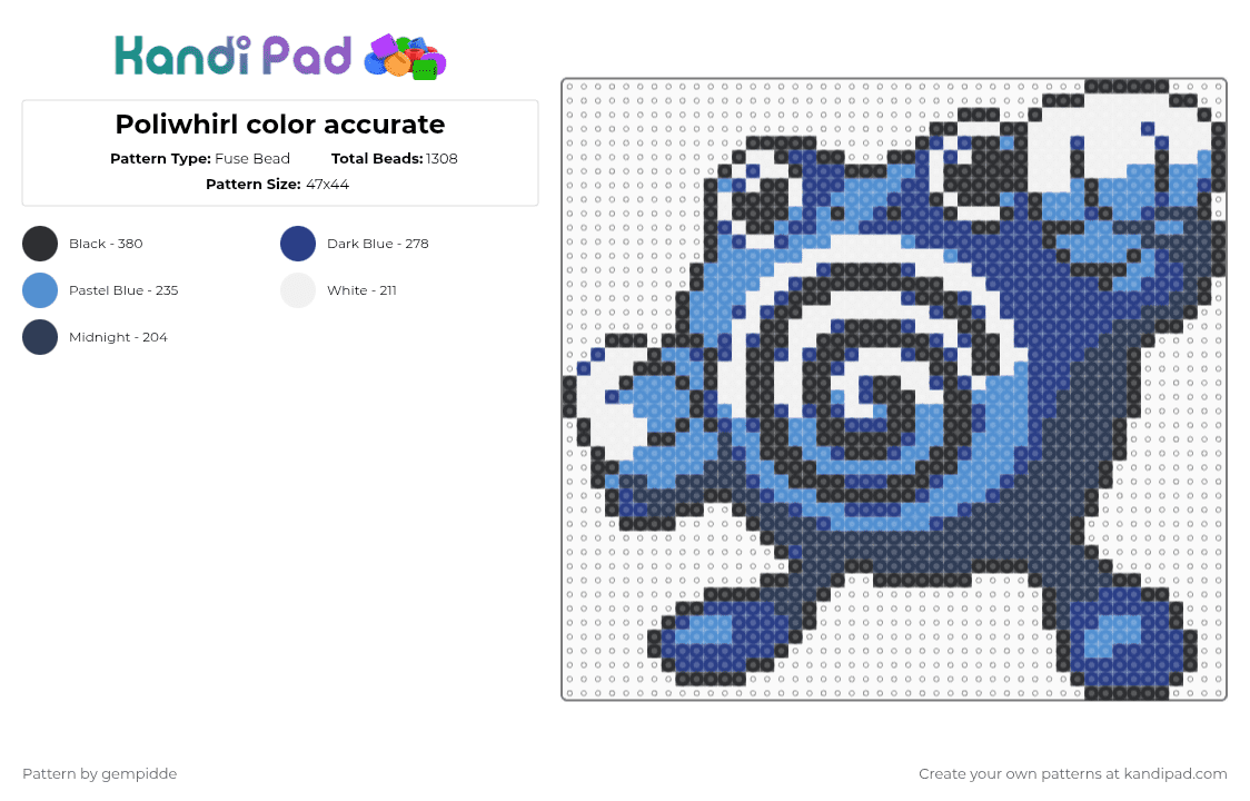 Poliwhirl Sprite Gen 2 color accurate - Fuse Bead Pattern by gempidde on Kandi Pad - blue,light blue,water,pokemon,gaming,character,swirl