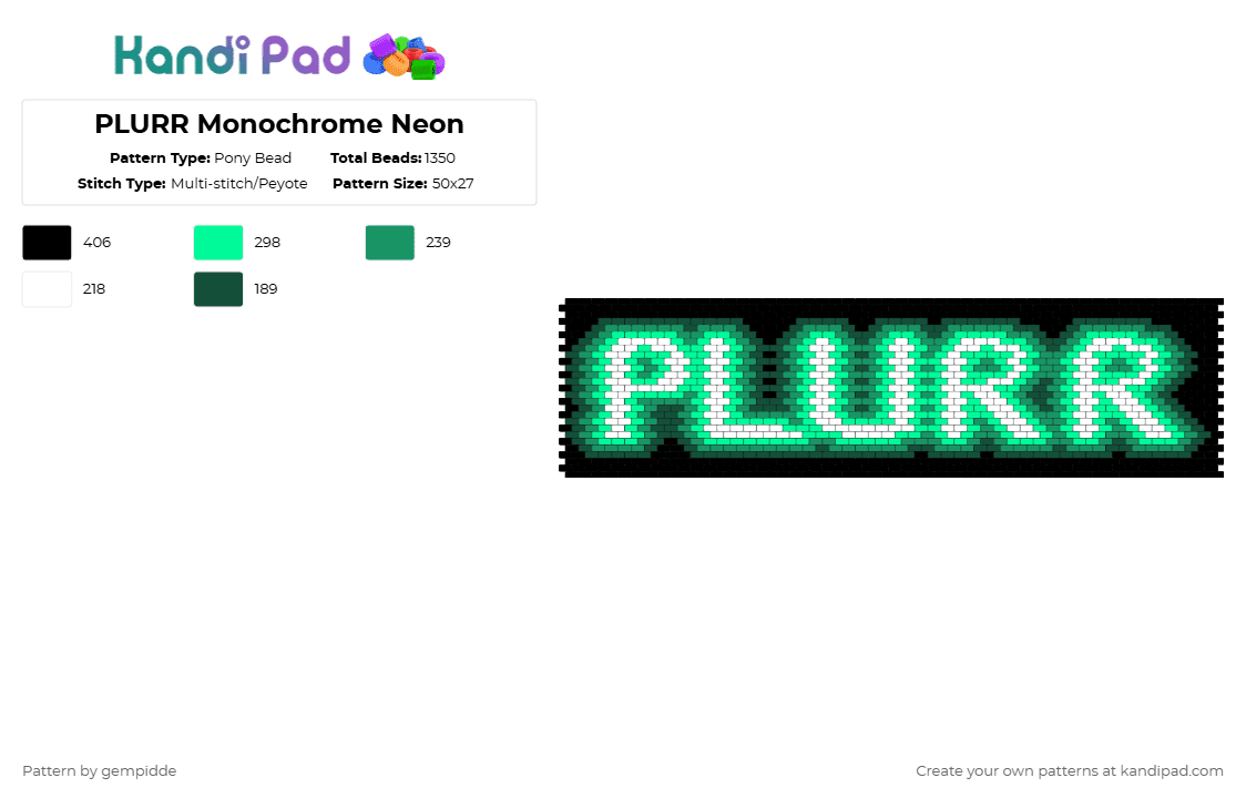 PLURR Monochrome Neon - Pony Bead Pattern by gempidde on Kandi Pad - green,teal,plur,rave,community,raver