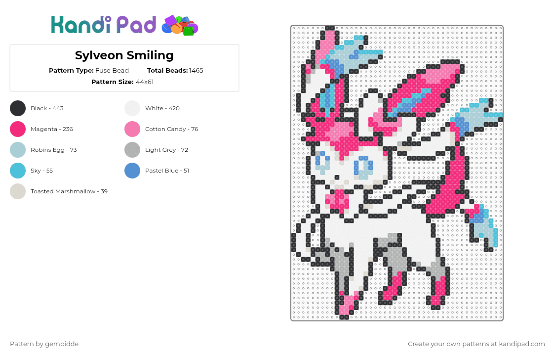 Sylveon Perler - Fuse Bead Pattern by gempidde on Kandi Pad - pink,cotdfairycore,pokemon,gaming,character,eevee,eeveelution,evolution,perler