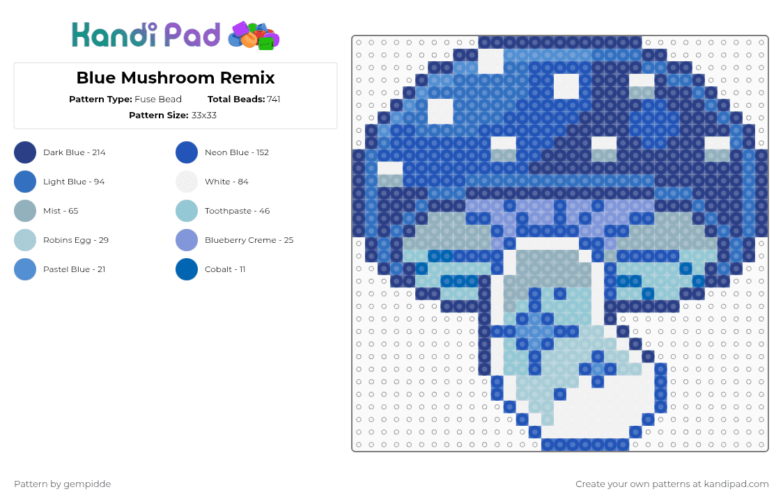 Blue Mushroom Remix - Fuse Bead Pattern by gempidde on Kandi Pad - blue,light blue,drug,shroom,nature,plant