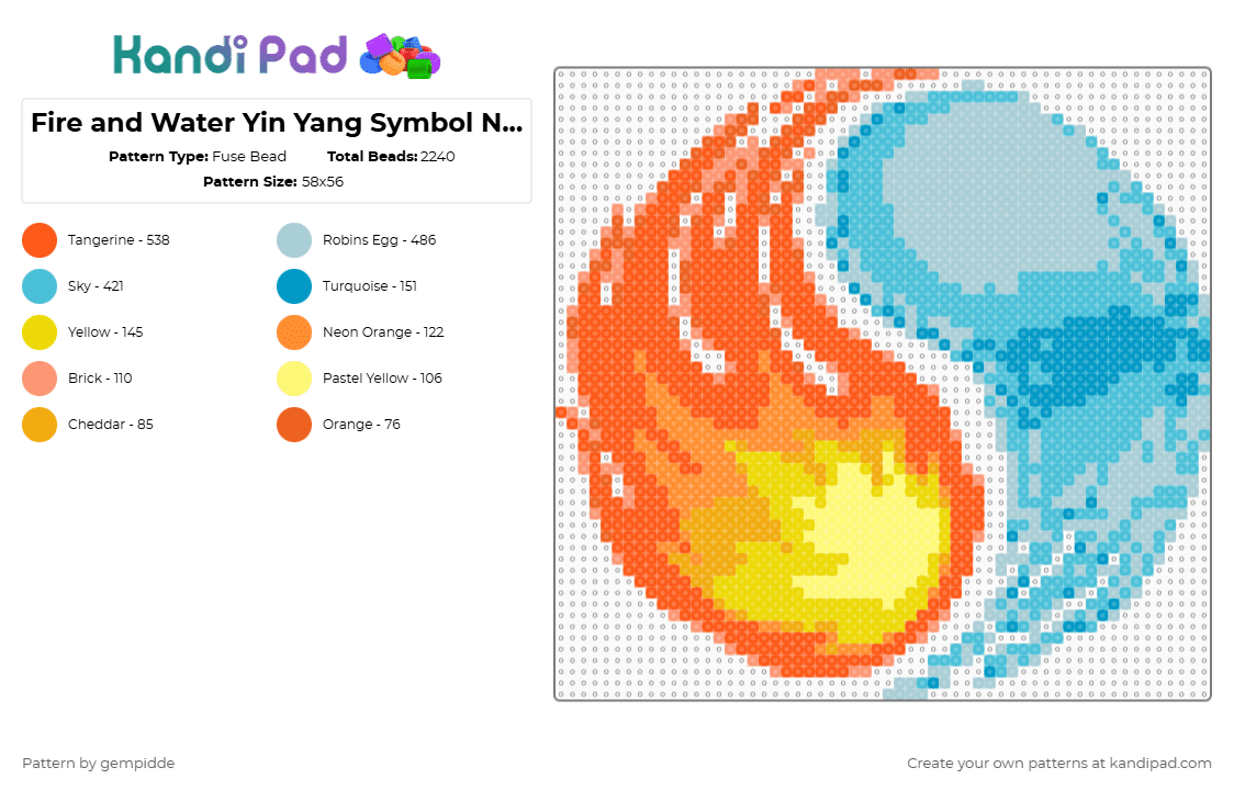 Fire and Water Yin Yang Symbol No Centers - Fuse Bead Pattern by gempidde on Kandi Pad - orange,light blue,cotdcontrast,asian,peace,nature,balance,element,magic,natural