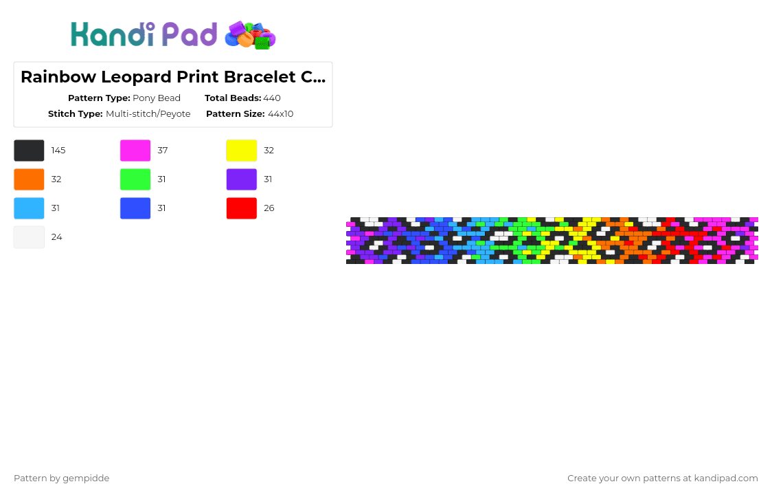 Rainbow Leopard Print Bracelet Cuff (Medium) - Pony Bead Pattern by gempidde on Kandi Pad - orange,green,light blue,colorful,gay,pride,animal,femme,cheetah,cat,lisa frank