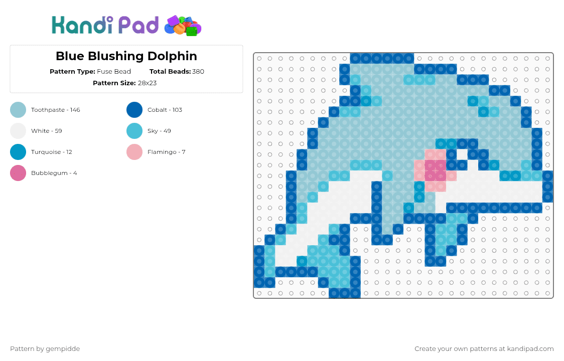 Blue Blushing Dolphin - Fuse Bead Pattern by gempidde on Kandi Pad - blue,light blue,nature,animal,aquatic,water,ocean,lisa frank,y2k,cute