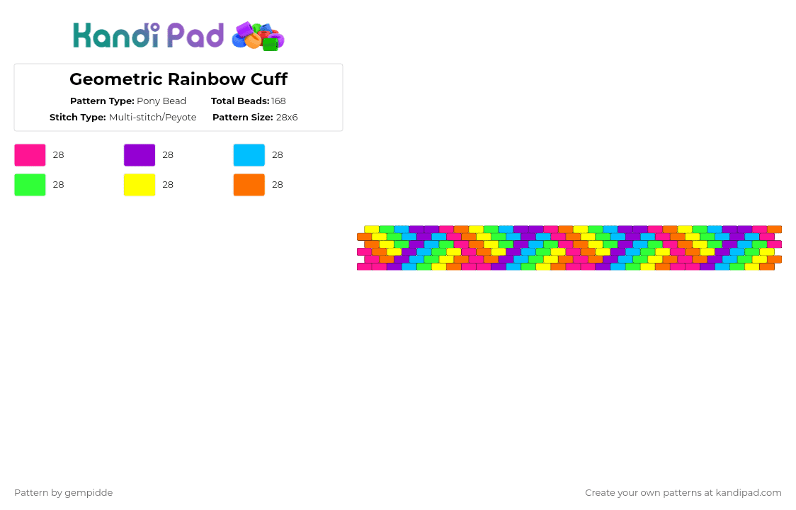 Geometric Rainbow Cuff - Pony Bead Pattern by gempidde on Kandi Pad - purple,green,orange,colorful,cotdstripes,gay,pride,geometric,geometry