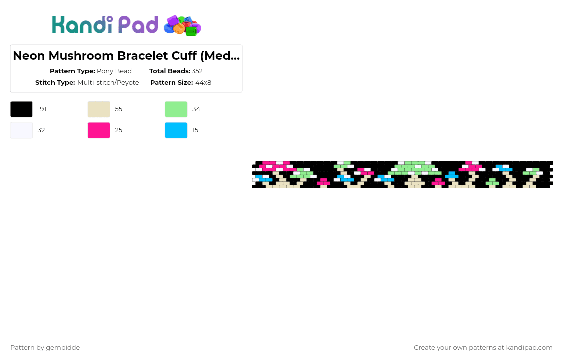 Neon Mushroom Bracelet Cuff (Medium) - Pony Bead Pattern by gempidde on Kandi Pad - black,teal,beige,nature,shroom,drug,plant,earth,cuff,bracelet,food