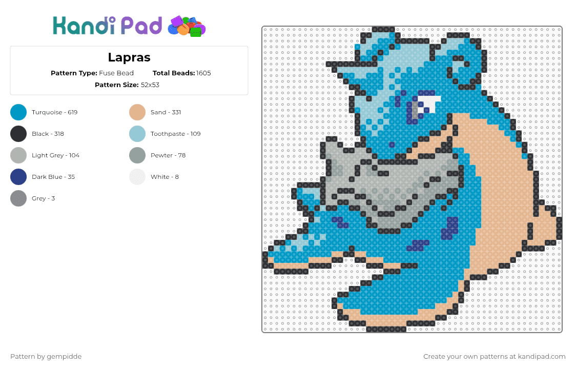 Lapras Pokémon Silver color accurate - Fuse Bead Pattern by gempidde on Kandi Pad - light blue,beige,water,pokemon,gaming,swim,aquatic