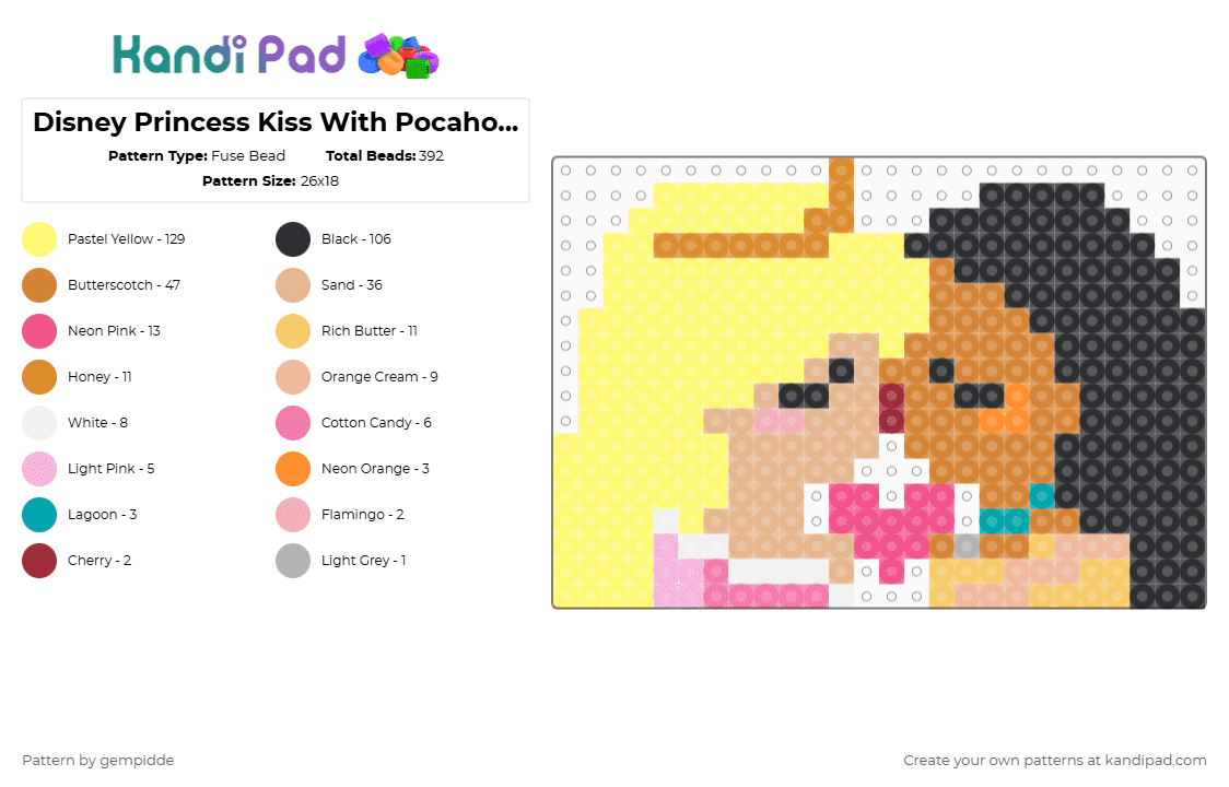 Disney Princess Kiss With Pocahontas and Aurora in Pink - Fuse Bead Pattern by gempidde on Kandi Pad - beige,yellow,orange,gay,disney,pride,lesbian,love,sleeping beauty,beauty