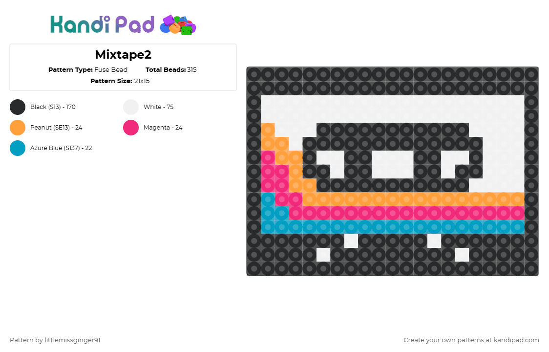 Mixtape2 - Fuse Bead Pattern by littlemissginger91 on Kandi Pad - cassette,tape,music,retro,black,white,orange,pink
