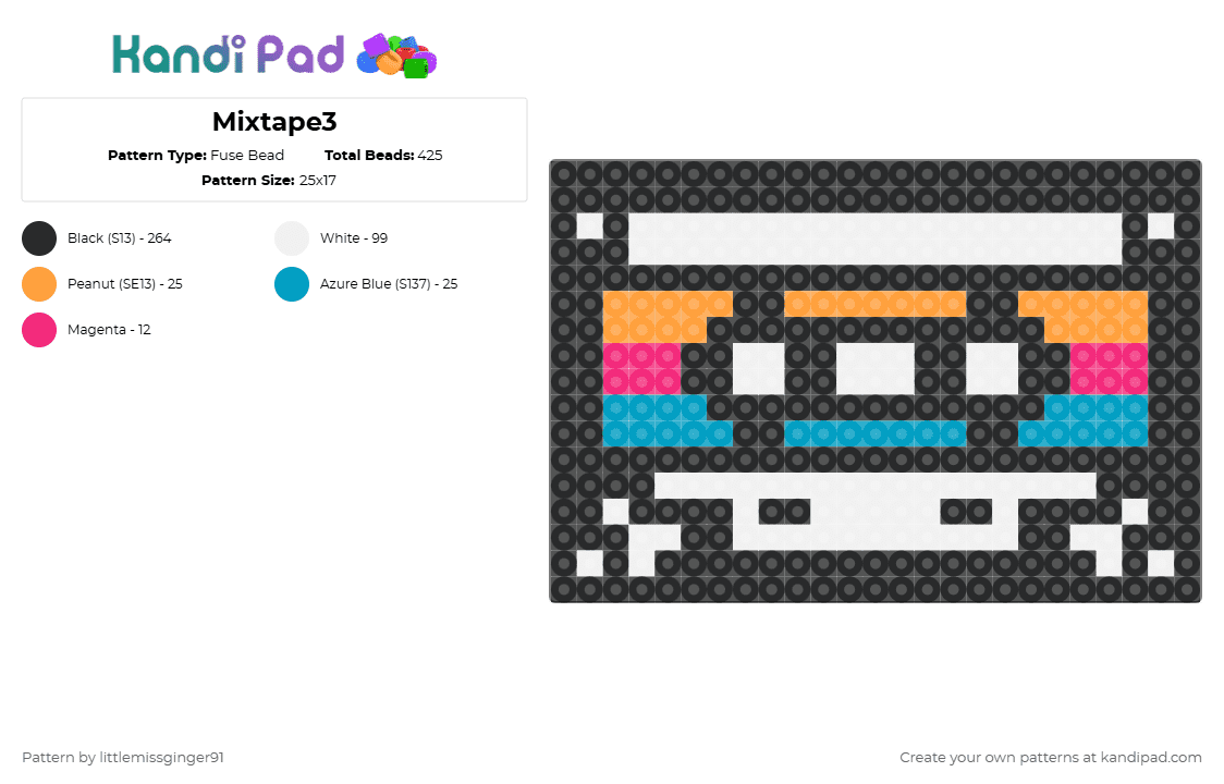 Mixtape3 - Fuse Bead Pattern by littlemissginger91 on Kandi Pad - cassette,tape,music,retro,audio,mixtape,album,black,white,orange,light blue
