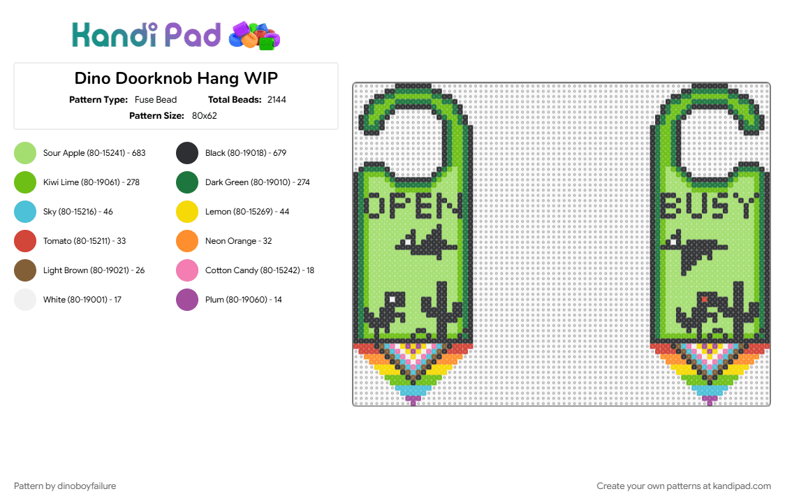 Dino Doorknob Hang - Fuse Bead Pattern by dinoboyfailure on Kandi Pad - busy, dinosaur, do not disturb, door, green