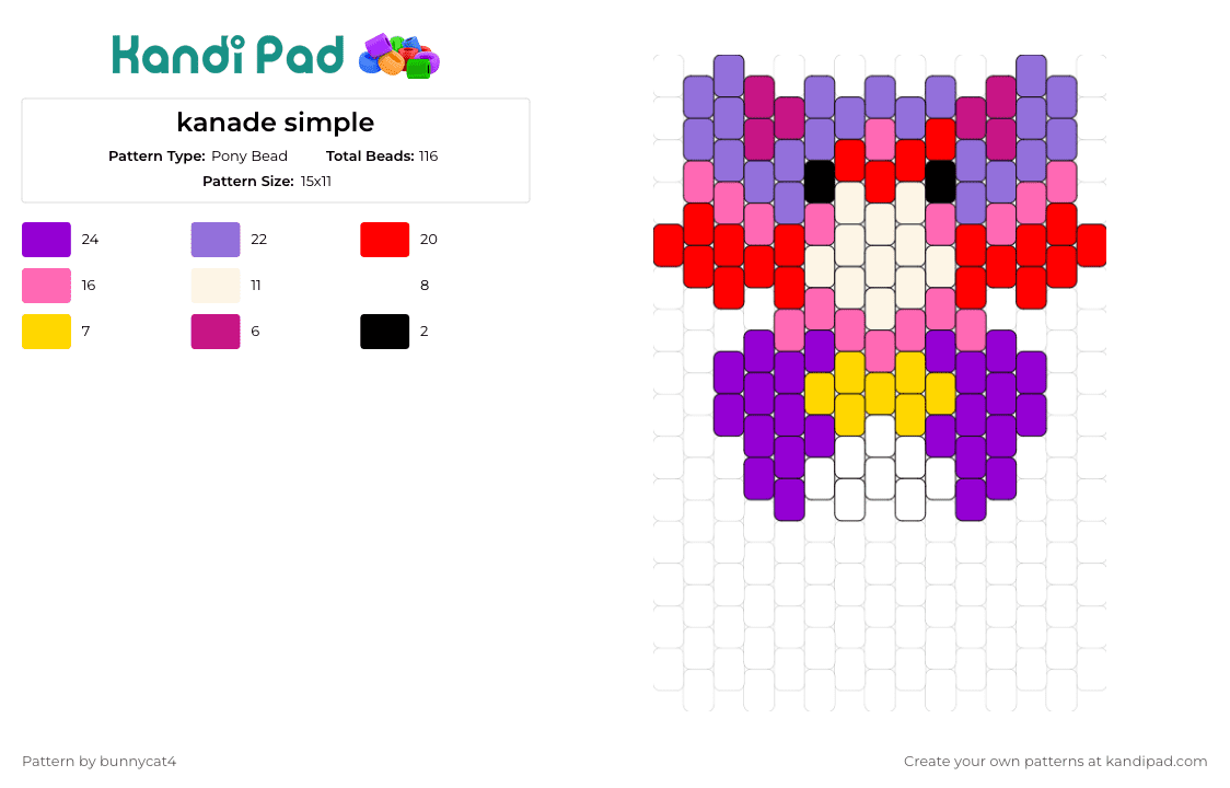 kanade simple - Pony Bead Pattern by bunnycat4 on Kandi Pad - kanade simple,charming,playful,pastel,whimsy,expression,pink,purple,red,yellow