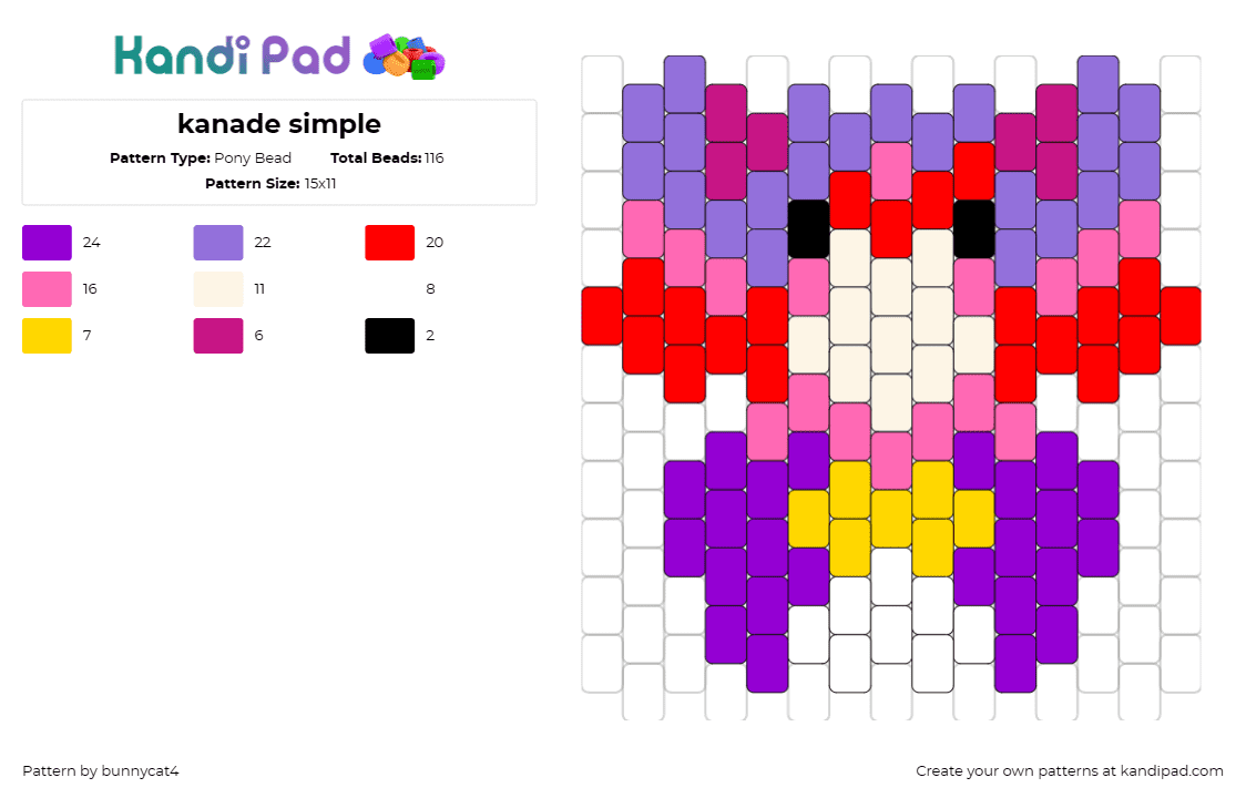 kanade simple - Pony Bead Pattern by bunnycat4 on Kandi Pad - kanade simple,playful,pastel,expression,pink,purple,red,yellow