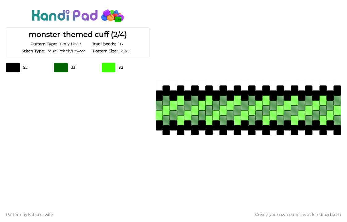 monster-themed cuff (2/4) - Pony Bead Pattern by katsukiswife on Kandi Pad - black,green