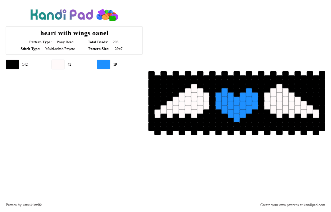 heart with wings panel - Pony Bead Pattern by katsukiswife on Kandi Pad - black, light blue, white