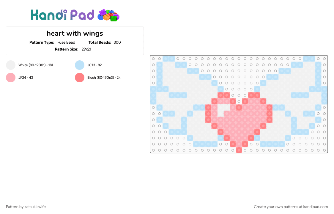heart with wings - Fuse Bead Pattern by katsukiswife on Kandi Pad - light blue, white