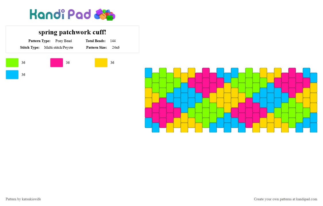 spring patchwork cuff! - Pony Bead Pattern by katsukiswife on Kandi Pad - green,pink,yellow,light blue