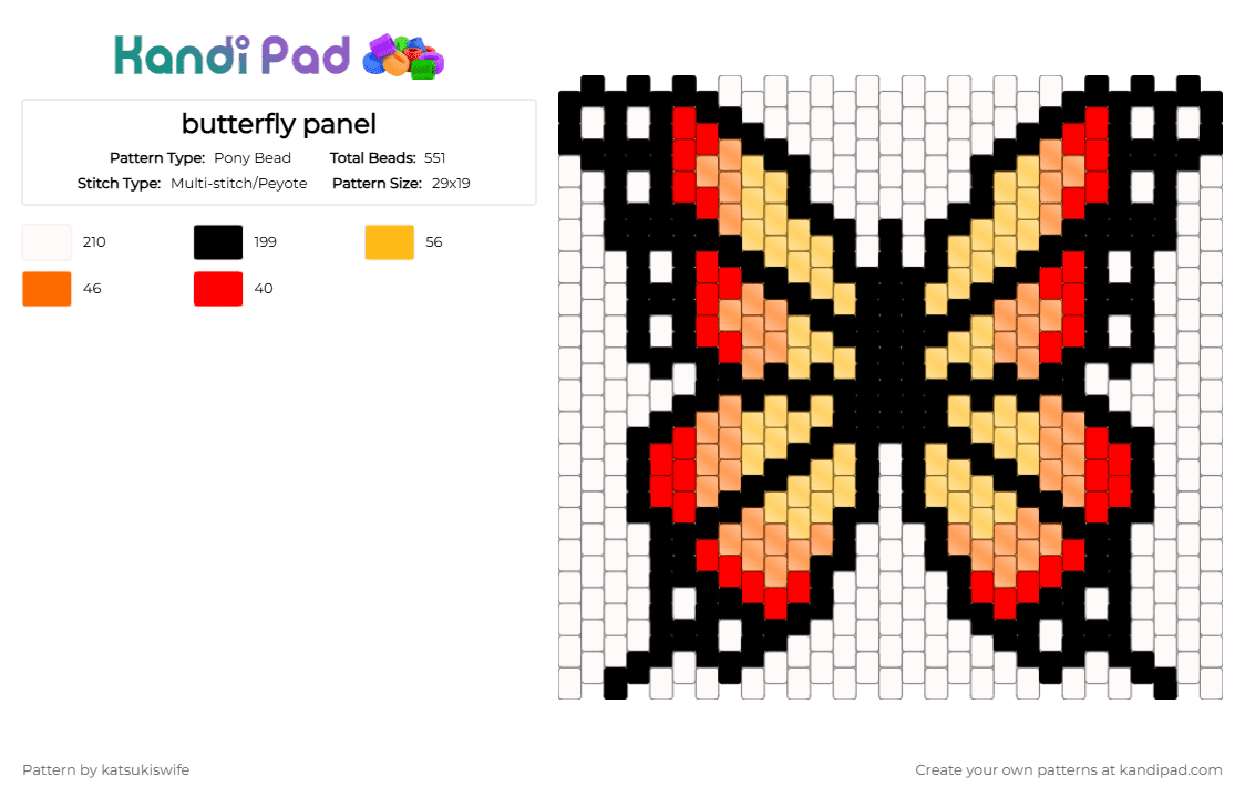 butterfly panel - Pony Bead Pattern by katsukiswife on Kandi Pad - white,red,orange
