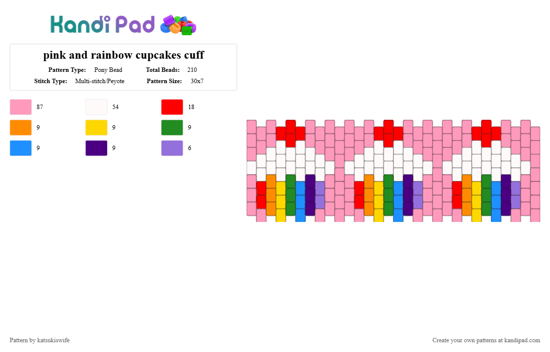 pink and rainbow cupcakes cuff - Pony Bead Pattern by katsukiswife on Kandi Pad - pink
