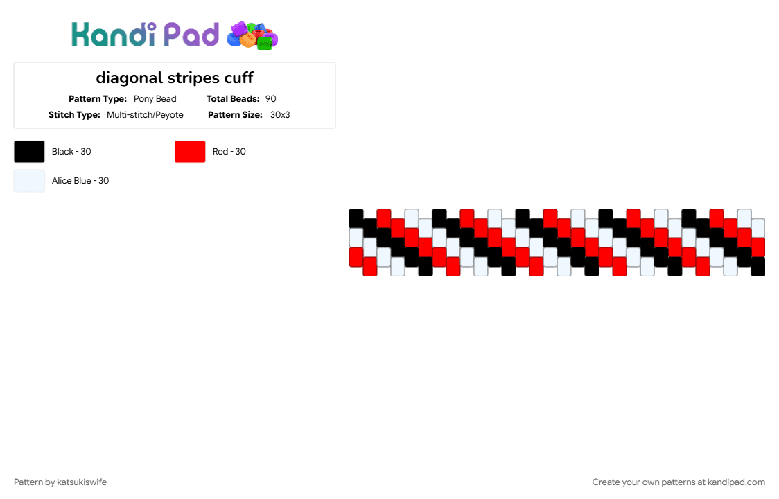diagonal stripes cuff - Pony Bead Pattern by katsukiswife on Kandi Pad - red, white