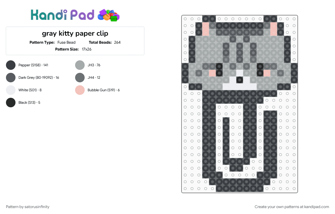 gray kitty paper clip - Fuse Bead Pattern by satorusinfinity on Kandi Pad - black, gray