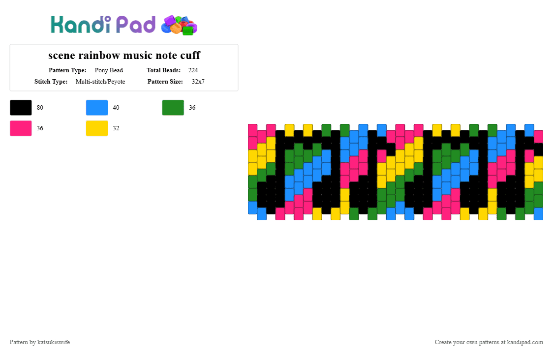 scene rainbow music note cuff - Pony Bead Pattern by katsukiswife on Kandi Pad - green, light blue, pink