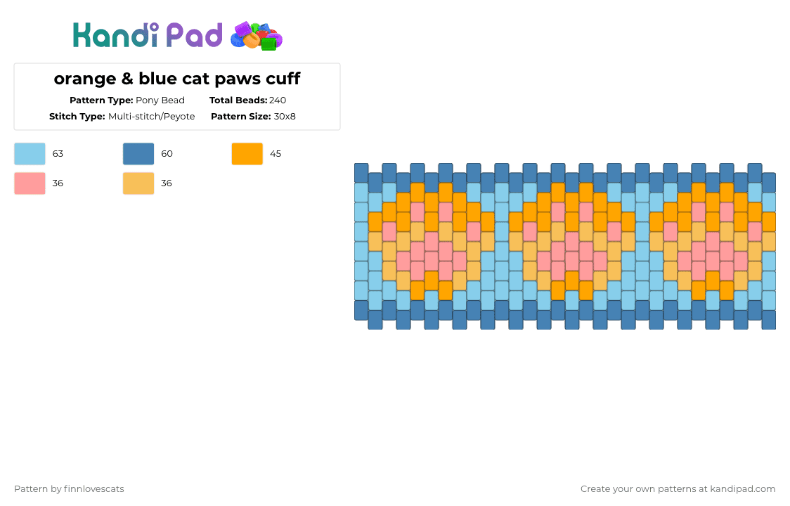 orange & blue cat paws cuff - Pony Bead Pattern by katsukiswife on Kandi Pad - blue,light blue,orange,animal,cat,paw prints,cuff,multi stitch,multistitch