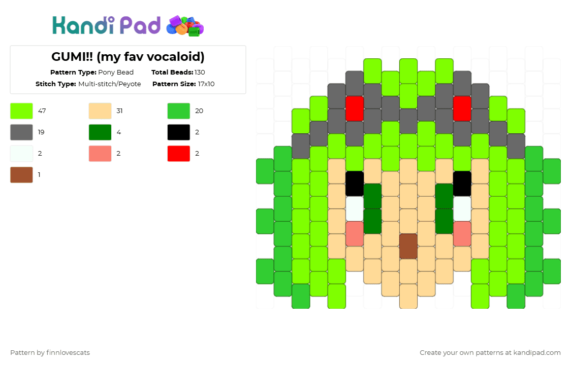 GUMI!! (my fav vocaloid) - Pony Bead Pattern by katsukiswife on Kandi Pad - green,beige
