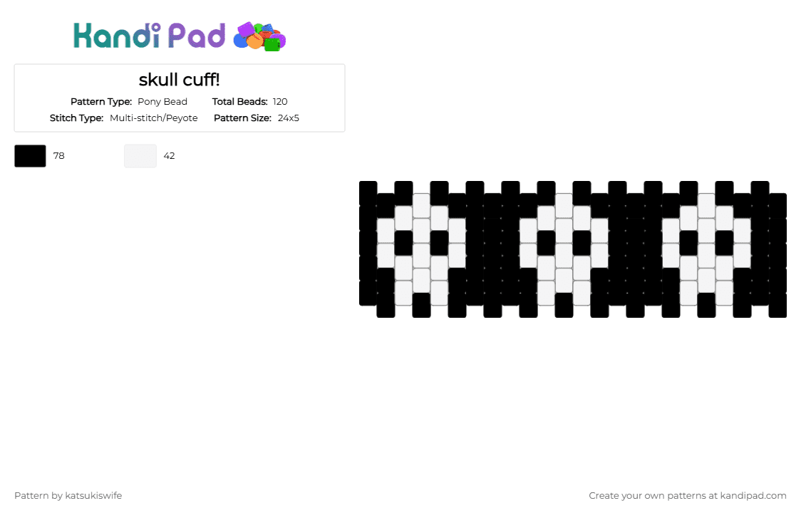 skull cuff! - Pony Bead Pattern by katsukiswife on Kandi Pad - white,black
