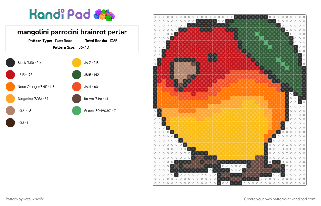 mangolini parrocini brainrot perler - Fuse Bead Pattern by katsukiswife on Kandi Pad - gray, orange, red, yellow