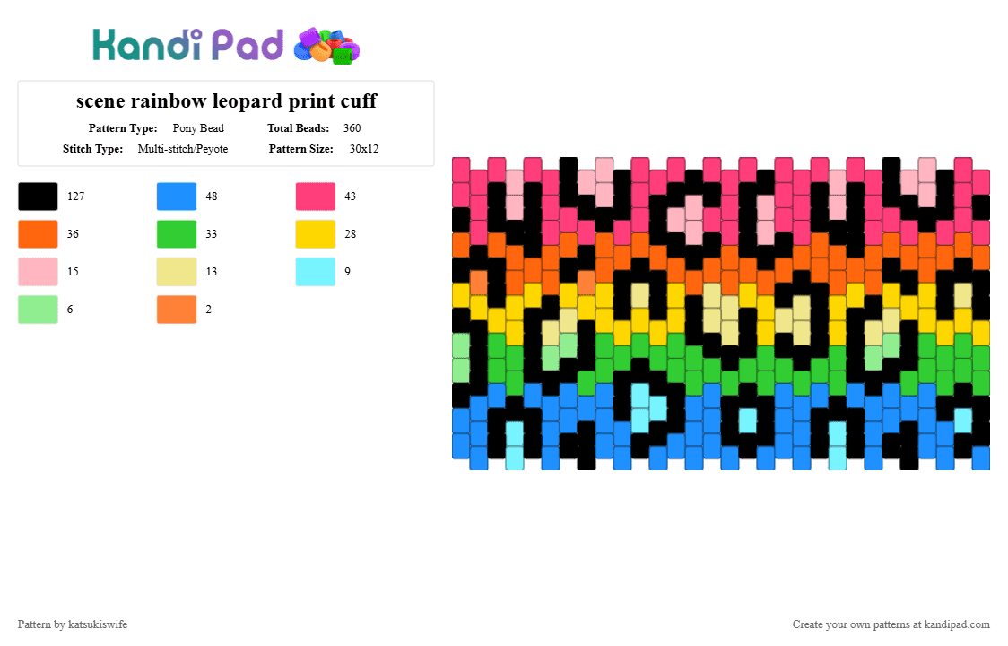 scene rainbow leopard print cuff - Pony Bead Pattern by katsukiswife on Kandi Pad - colorful, light blue, red, yellow