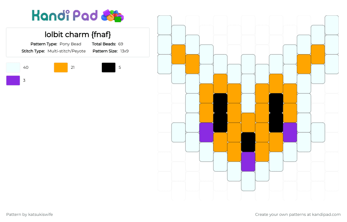 lolbit charm {fnaf} - Pony Bead Pattern by katsukiswife on Kandi Pad - white,orange