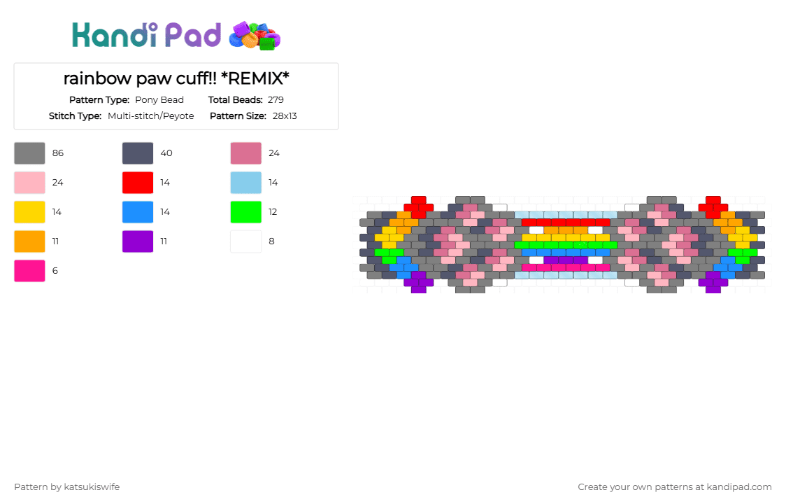 rainbow paw cuff!! *REMIX* - Pony Bead Pattern by katsukiswife on Kandi Pad - gray,purple,pink
