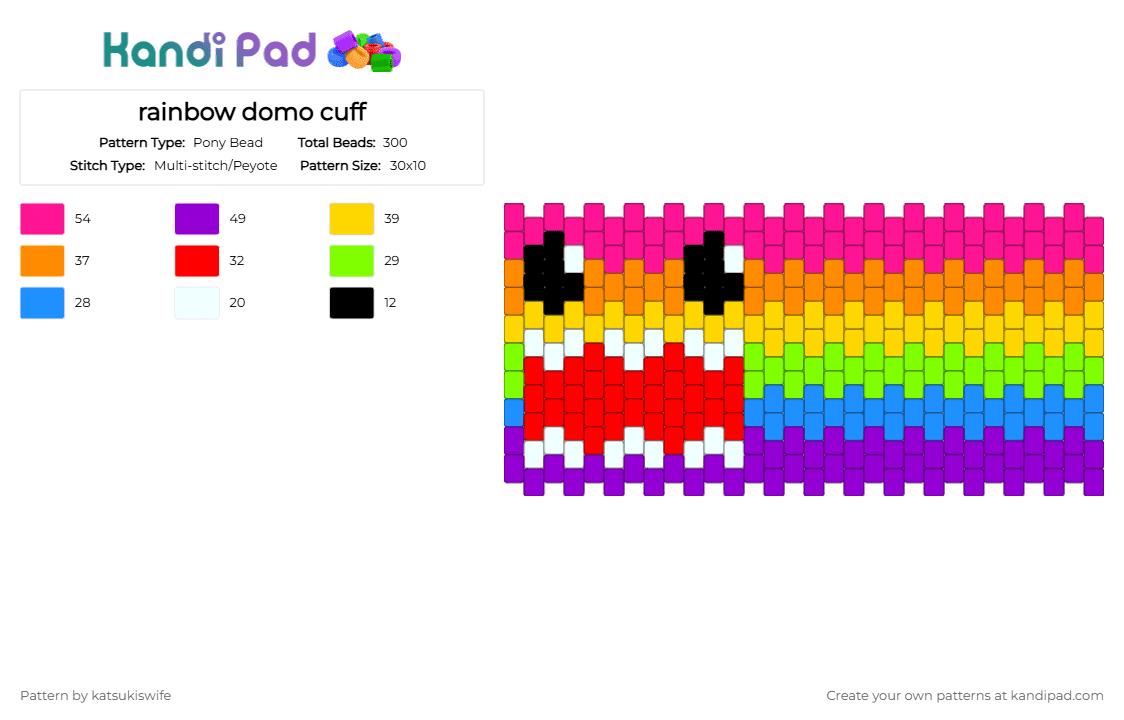 rainbow domo cuff - Pony Bead Pattern by katsukiswife on Kandi Pad - yellow,purple,orange,pink