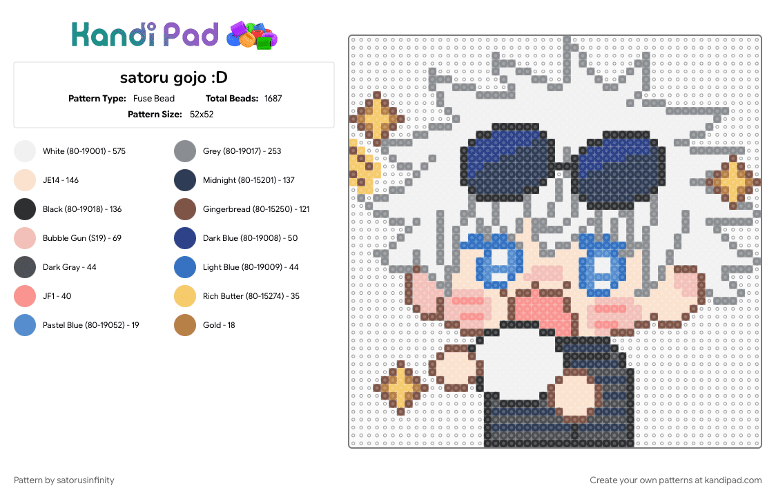 satoru gojo :D - Fuse Bead Pattern by satorusinfinity on Kandi Pad - colorful, gray, purple, white