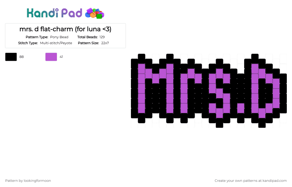 mrs. d flat-charm (for luna - Pony Bead Pattern by katsukiswife on Kandi Pad - pink,black
