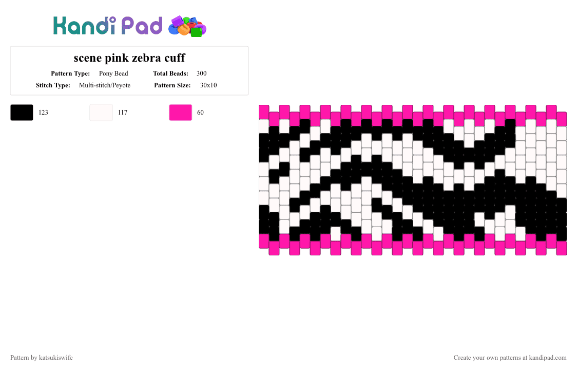 scene pink zebra cuff - Pony Bead Pattern by katsukiswife on Kandi Pad - pink, white