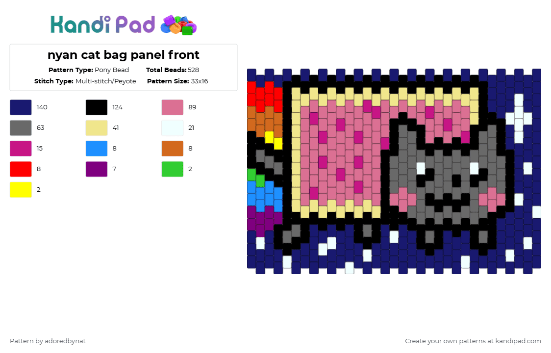 nyan cat bag panel front - Pony Bead Pattern by katsukiswife on Kandi Pad - pink,yellow,gray,purple