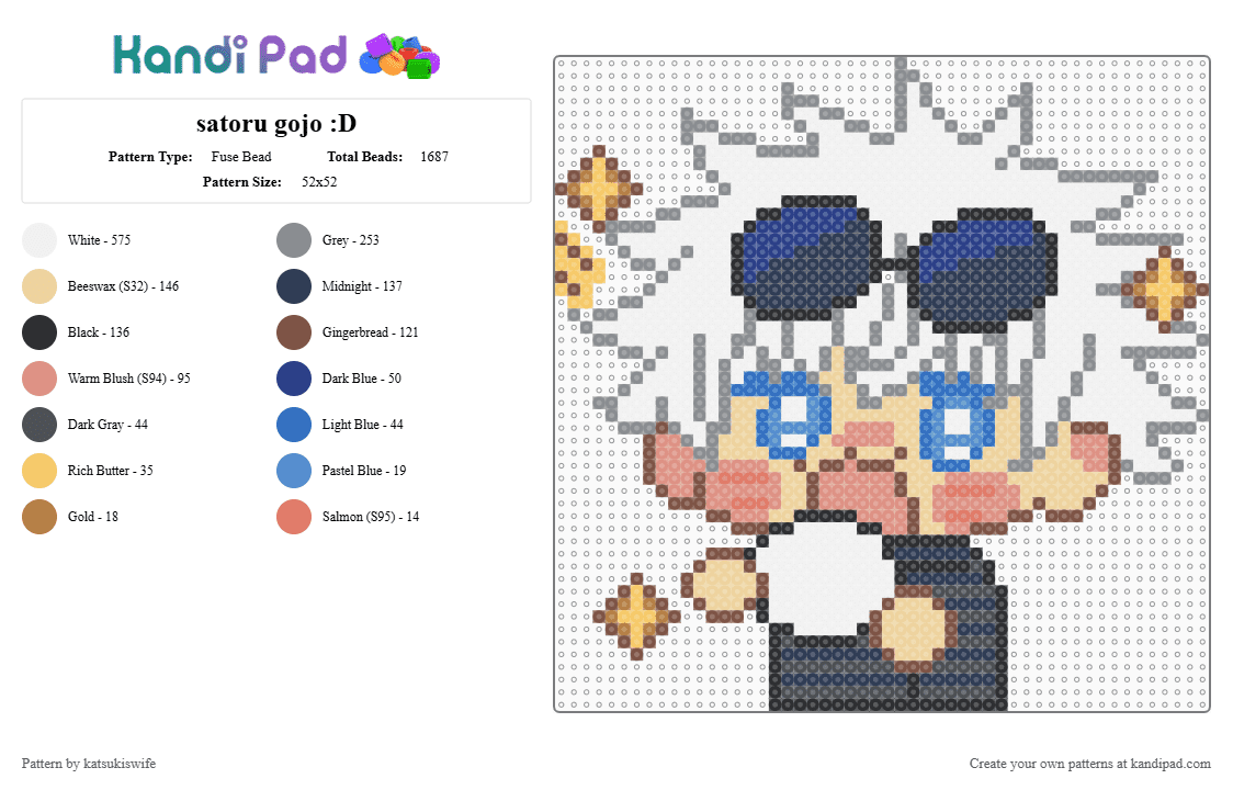 satoru gojo :D - Fuse Bead Pattern by katsukiswife on Kandi Pad - white,gray,purple,colorful